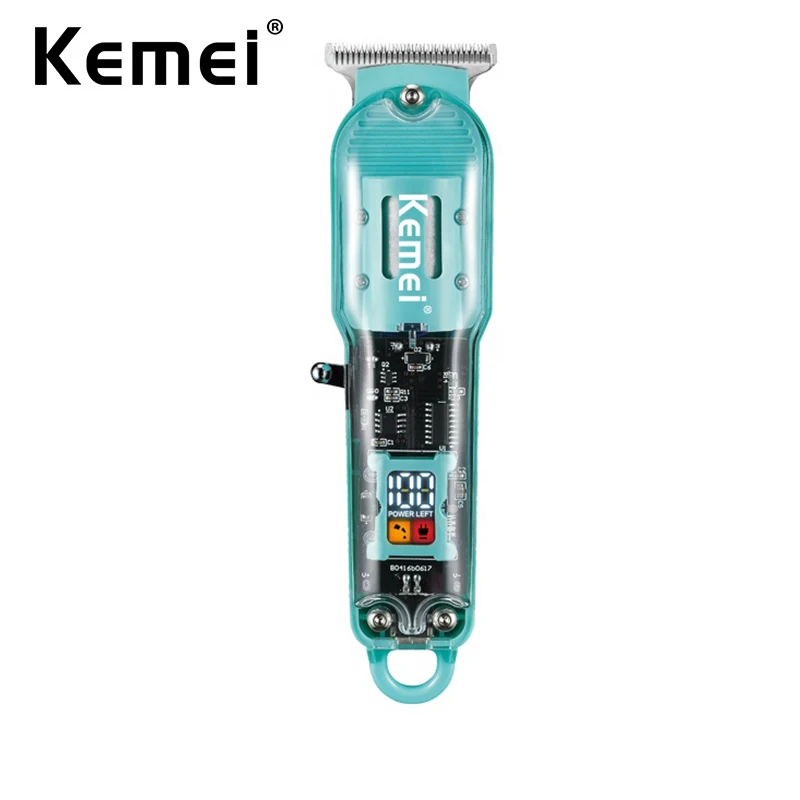 Kemei Rechargeable Hair Cutting Machine Cordless 0.1mm T-blade Hair Trimmer Barber Shop Hair Clippers Transparent acrylic body