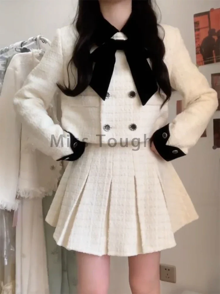 France Winter Elegant Party Two Piece Set Women Bow Short Coat + High Waisted Pleated Skirt Korea Chic Design Skirt Set 2024 New