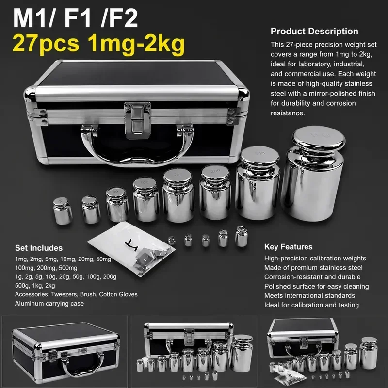 1mg-2kg 27pcs Stainless Steel Weight Set High-precision M1 F1 F2 Standard Calibration Balance Electronic Scale with Box