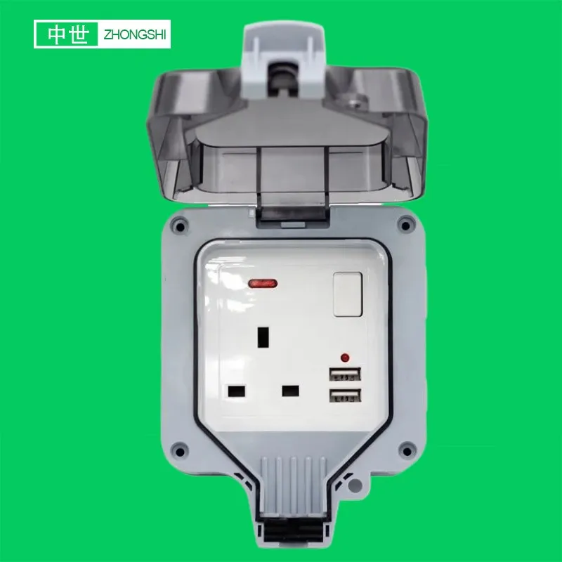 IP66 Outdoor Waterproof Socket Outdoor stormproof Socket 13A 250V  UK England Receptacle with 2 USB  #MP21