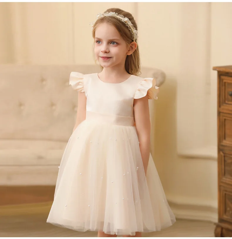 HETISO Baby Girls Dress Children Pearls Wedding Ball Gown Kids Tulle Puff Sleeve Elegant Party Frocks 3-10 Years