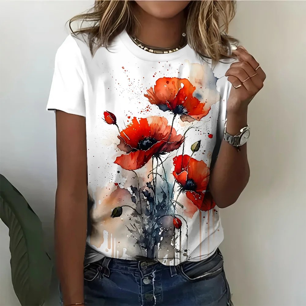 T-shirt da donna con stampa 3D per ragazze, strada, acquerello, fiore rosso, arte, tempo libero, moda, ampia e confortevole, manica corta estiva Y2K