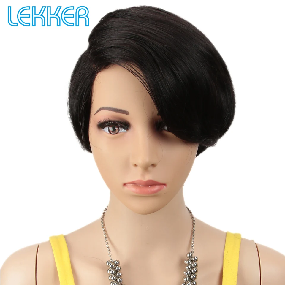 Lekker التخليص أسود قصير عابث قطع مستقيم الجانب جزء الدانتيل 100% خصلات الشعر المستعار الإنسان للنساء البرازيلي شعر ريمي غلويليس الباروكات