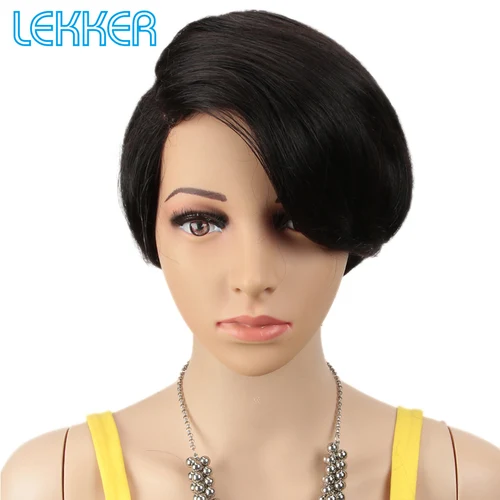 Imagen 2 del producto Lekker liquidación negro corto corte Pixie parte lateral recta encaje 100% pelucas de cabello humano para mujeres pelucas sin pegamento de cabello Remy brasileño