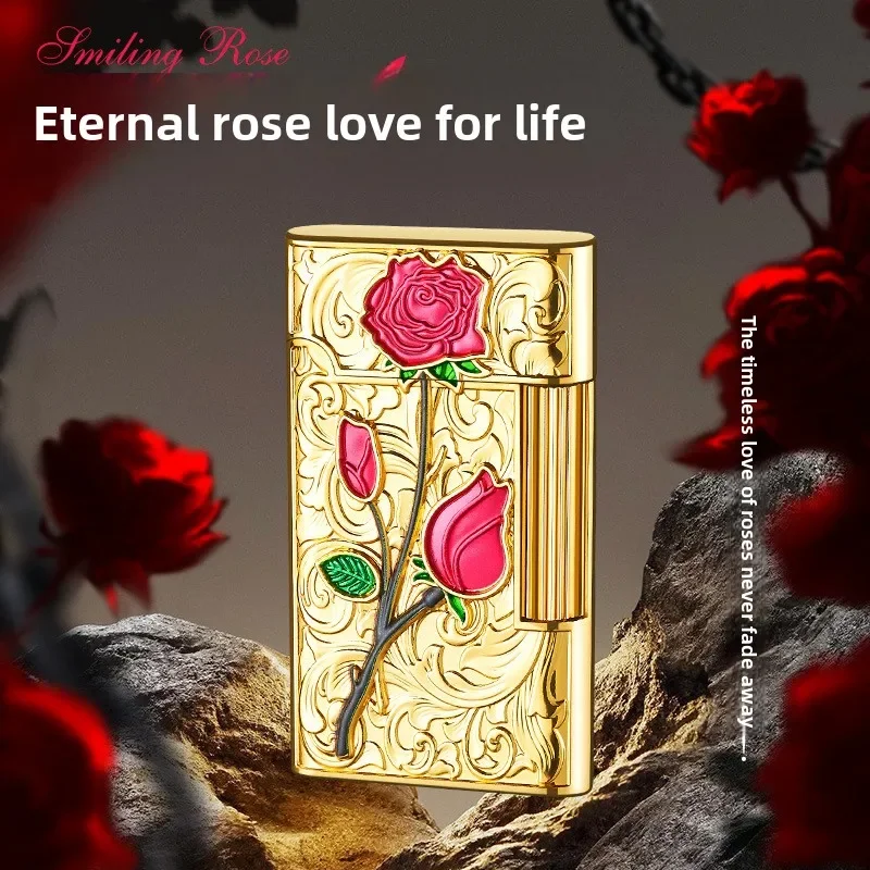

Зажигалка с рельефным узором розы, выдвижным колесом и открытым пламенем, романтический мужской элитный подарок, металлическая изысканная компактная зажигалка