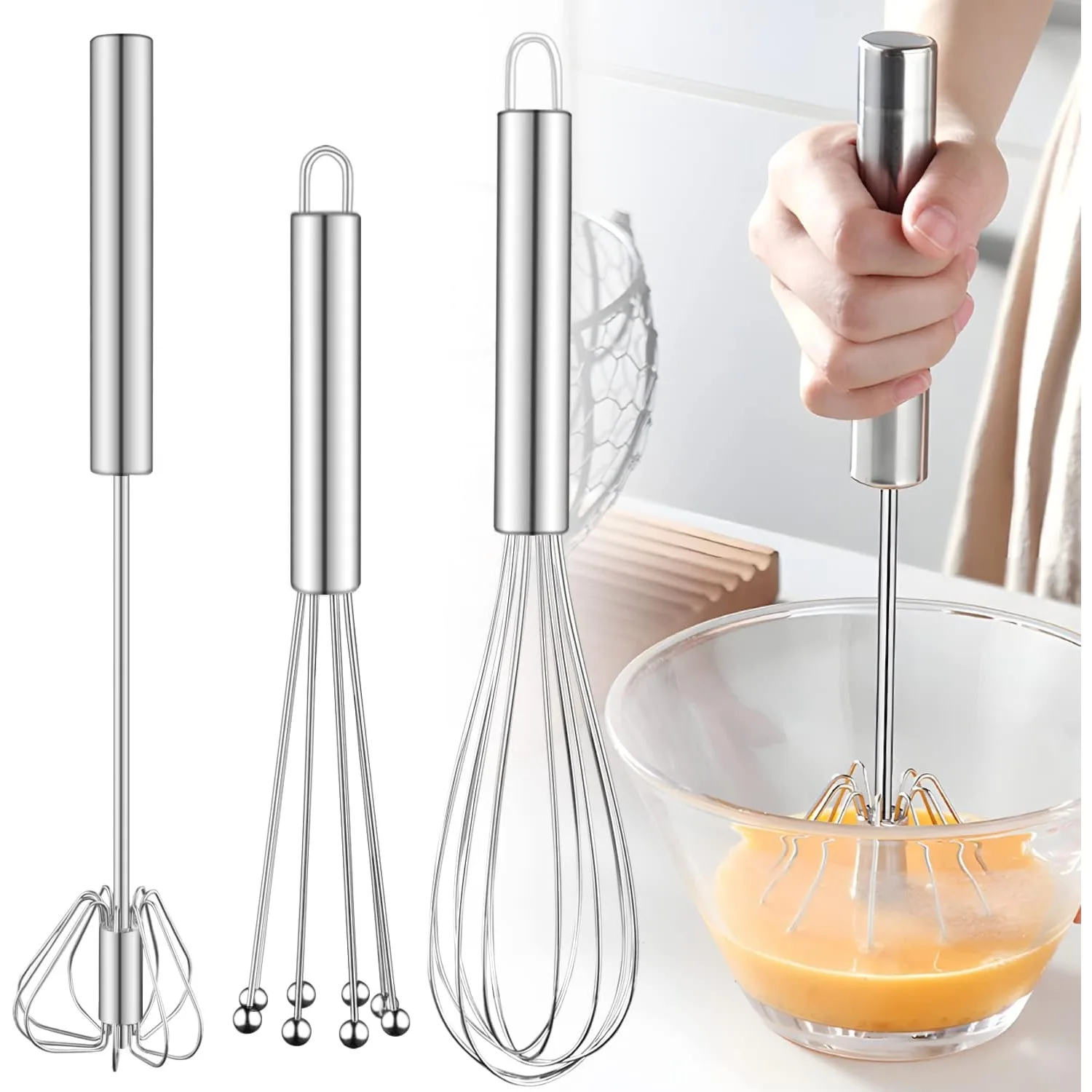 Stainless Steel Whisk Set (3-Piece) – Includes Balloon Whisk, Flexible Whisk with Beads, and Semi-Automatic Whisk