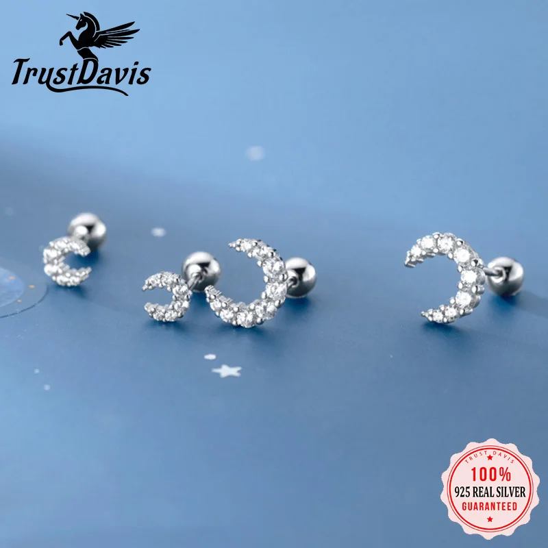 Trustdavis Real 925 Sterling Silver Fashion Mini Moon Dazzling CZ Screw Stud Earrings For Women Children Fine S295 Jewelry DS564