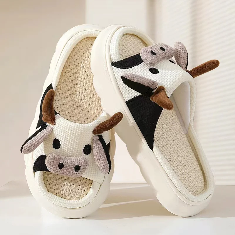 Hot Sale Women Milk Cow Linen Slippers Four Seasons Men Indoor Sandals Adults Cartoon Slides Couples Cute Breathable Home Shoes