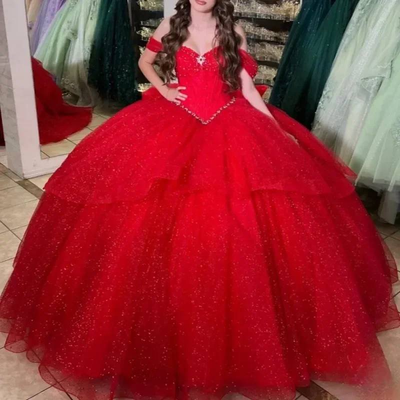 

Роскошное ярко-красное милое платье Quinceanera с плечами, расшитое бисером бальное платье с бантом, тюлевой корсет, милое платье Vestido De 15 Anos