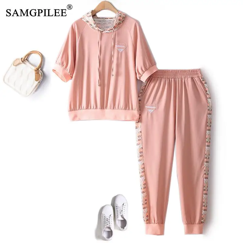 

2023 Summer Pant Sets Casual Women's Hooded Chiffon Printing Sweet Contrasting Color Banded Trousers Sets For Women 2 Pieces 4XL