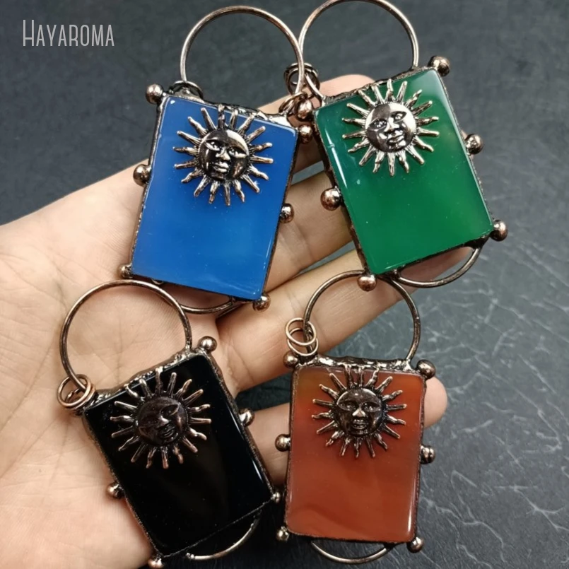 

10Pcs Vintage Style Handmade Jewelry Soldered Rectangle Antique Bronze Color Tin Solar Agates Pendant