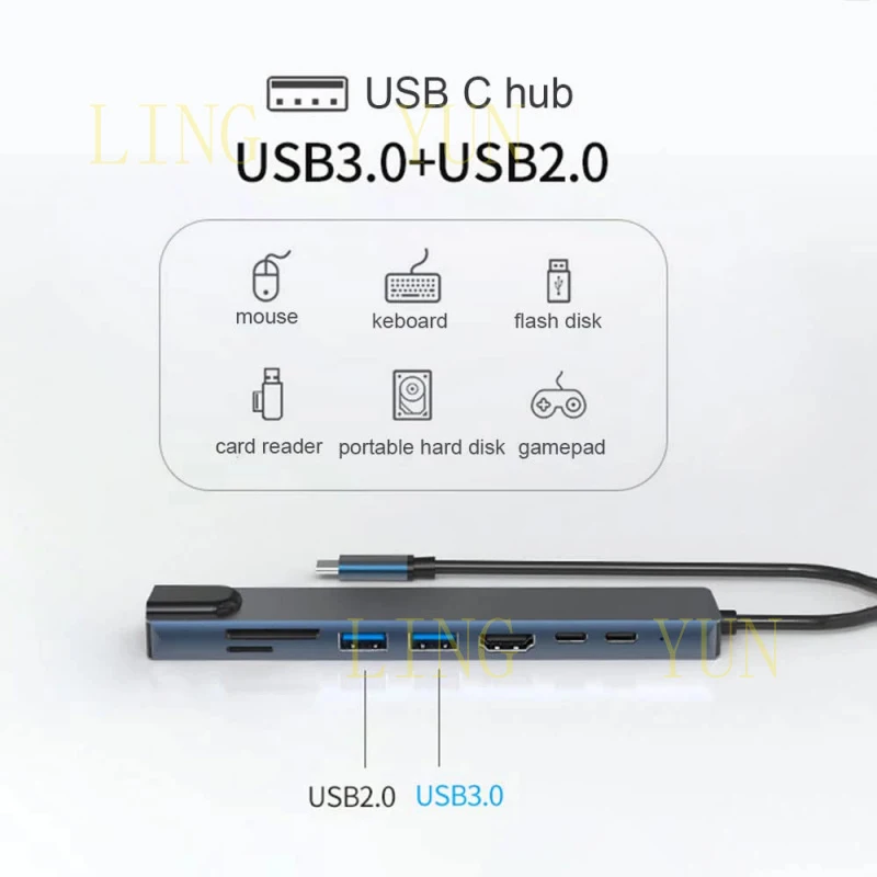 

Многопортовый USB-C хаб 8-в-1 с поддержкой 4K HDMI, USB 3.0/2.0 и кардридером SD/TF |