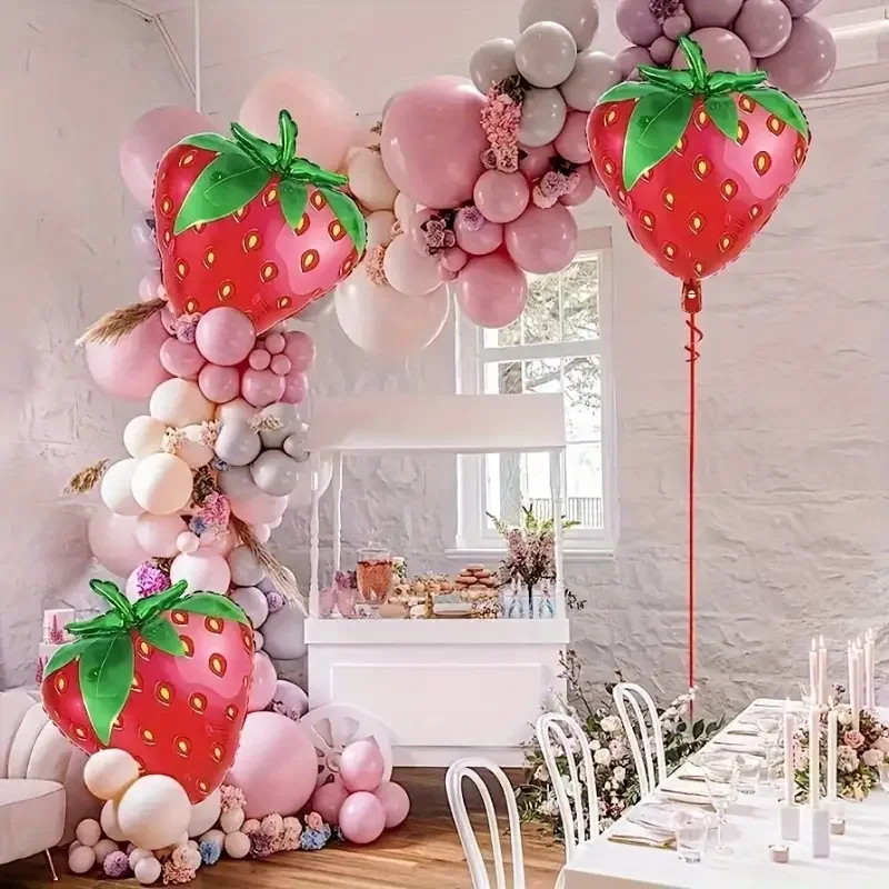 6 pieces, strawberry foil balloons, birthday party decorations, summer fruit party decorations balloons