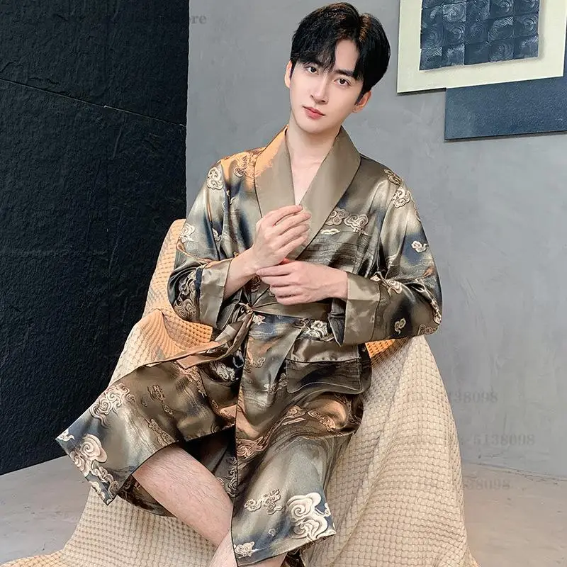 Chinese Style Men Robe Kimono Spring Ice Silk Satin Bath Gown Intimate Lingerie Loose Casual Long Sleeve Home Wear Sleepwear