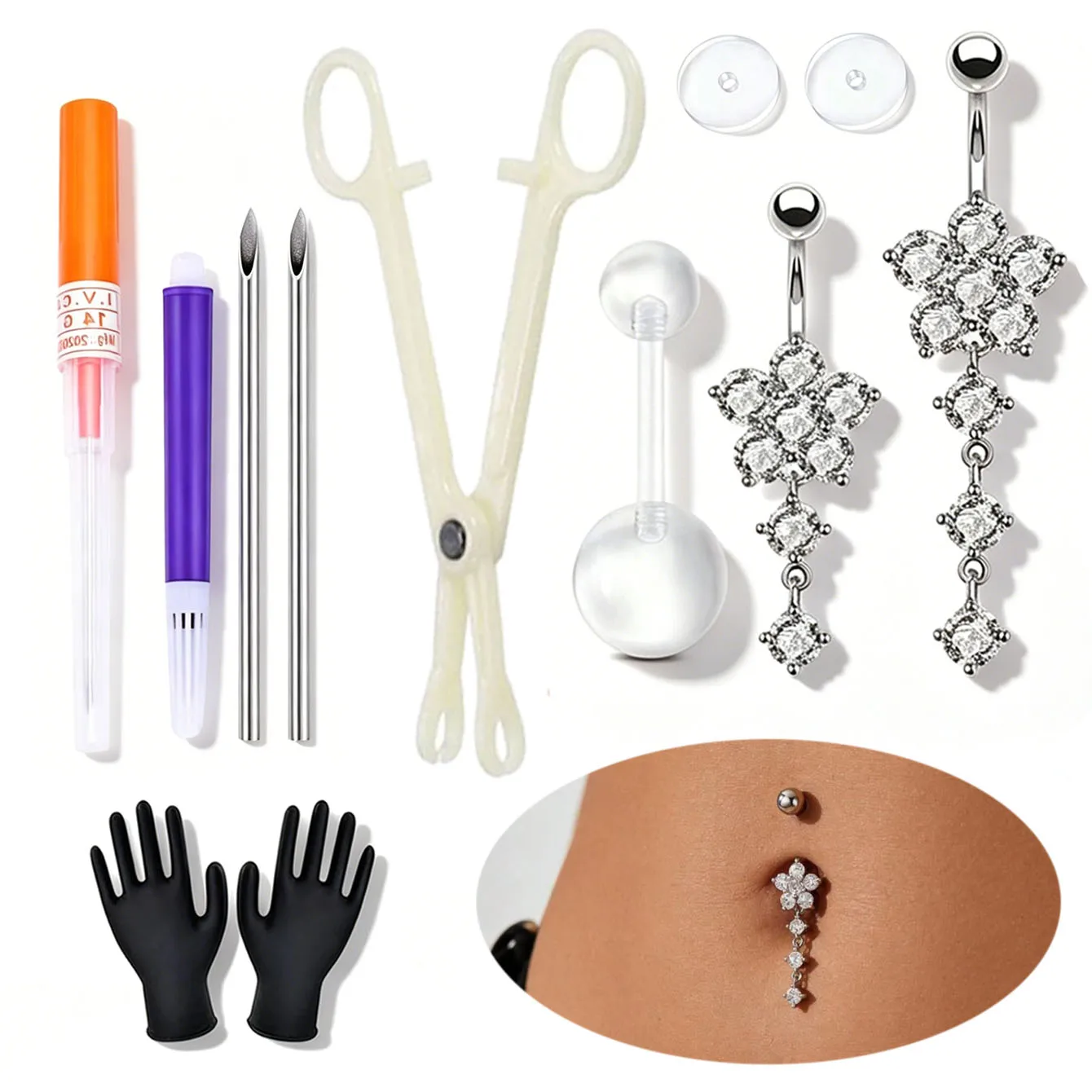 Belly Piercing Kit 10Pcs Belly Button Piercing Kit Includes 14G Belly Button Rings Piercing Clamp 14G Piercing Needles O-Ring