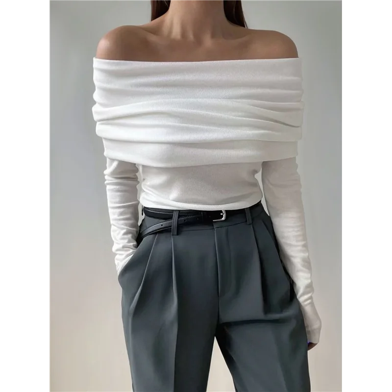 

ABRT-Women's Off The Shoulder Long Sleeve Bodysuit Slimming Body Suit Tops Sheer Mesh Ruched Outfits