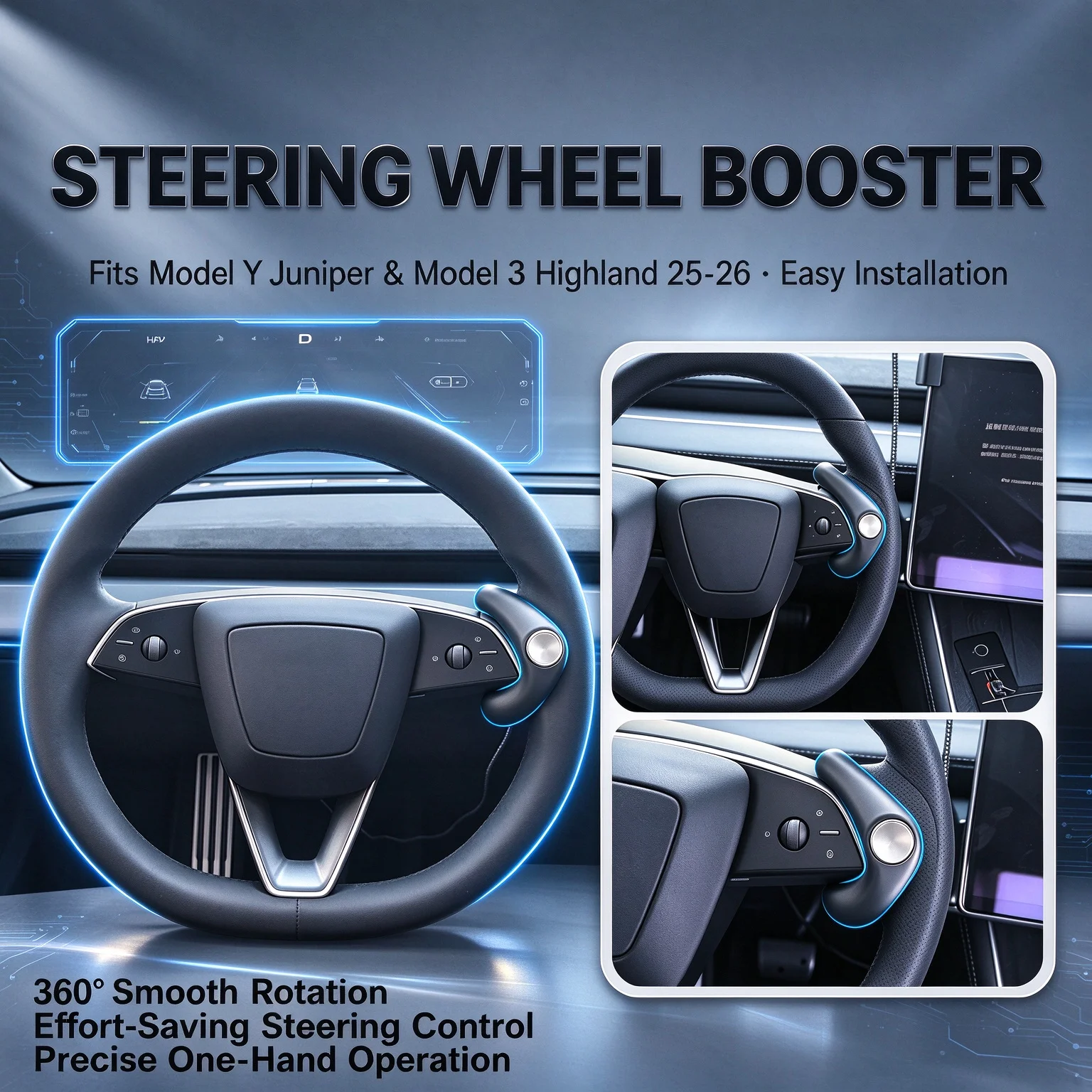 Steering Wheel Assist Booster Knob Black 360 Rotation For Tesla Model3 Highland Model Y Juniper 2023 2024 2025 2026 One Hand Aid