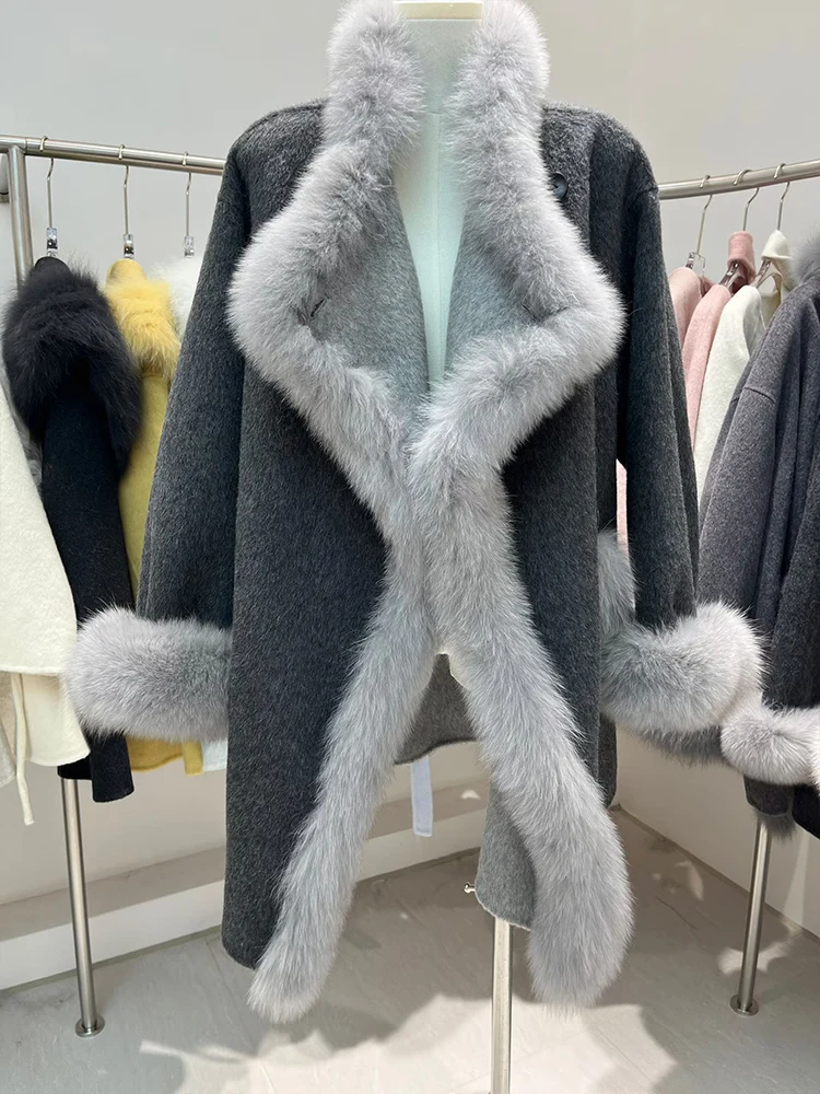 2025년 신상 겨울 따뜻한 여성용 천연 여우털 칼라 코트 재킷 울 망토 캐시미어 럭셔리 두꺼운 여성 코트