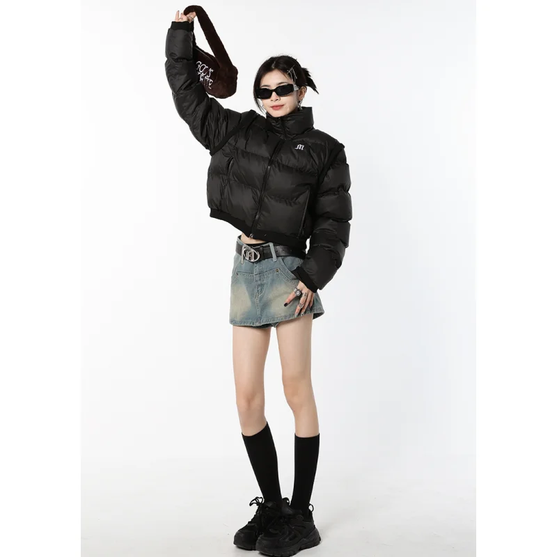 Women Black Short Down Jacket Stand Collar Fashion American Thicken Warm Feather Duck Down Female Puffer New Winter Outwear