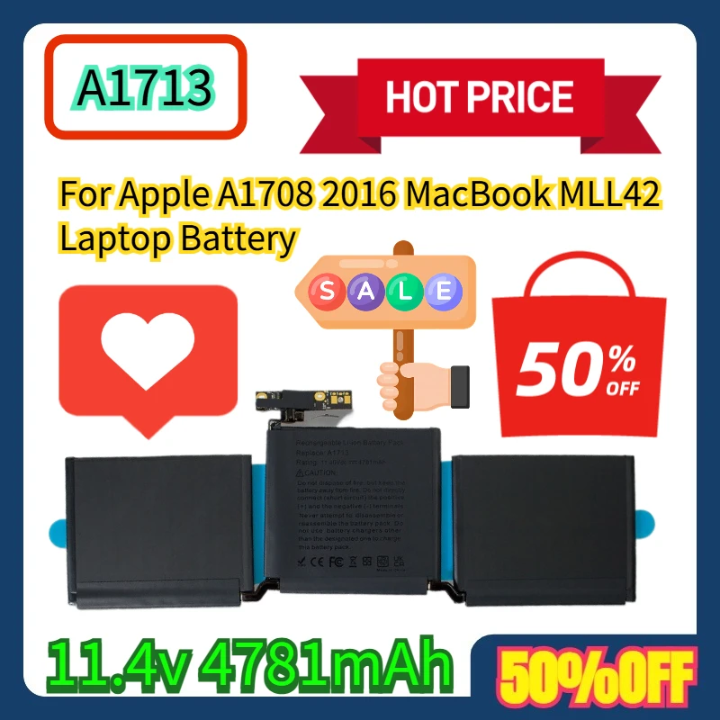 

Для Apple A1708 2016 MacBook A1713 MLL42 Аккумулятор для ноутбука 11,4 В 4781 мАч