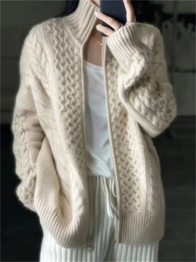 Cardigan maglione Twist 2022 autunno inverno maglione di Cashmere addensato femminile collo alto cerniera pigro 2022 nuovo cappotto donna lavorato a maglia