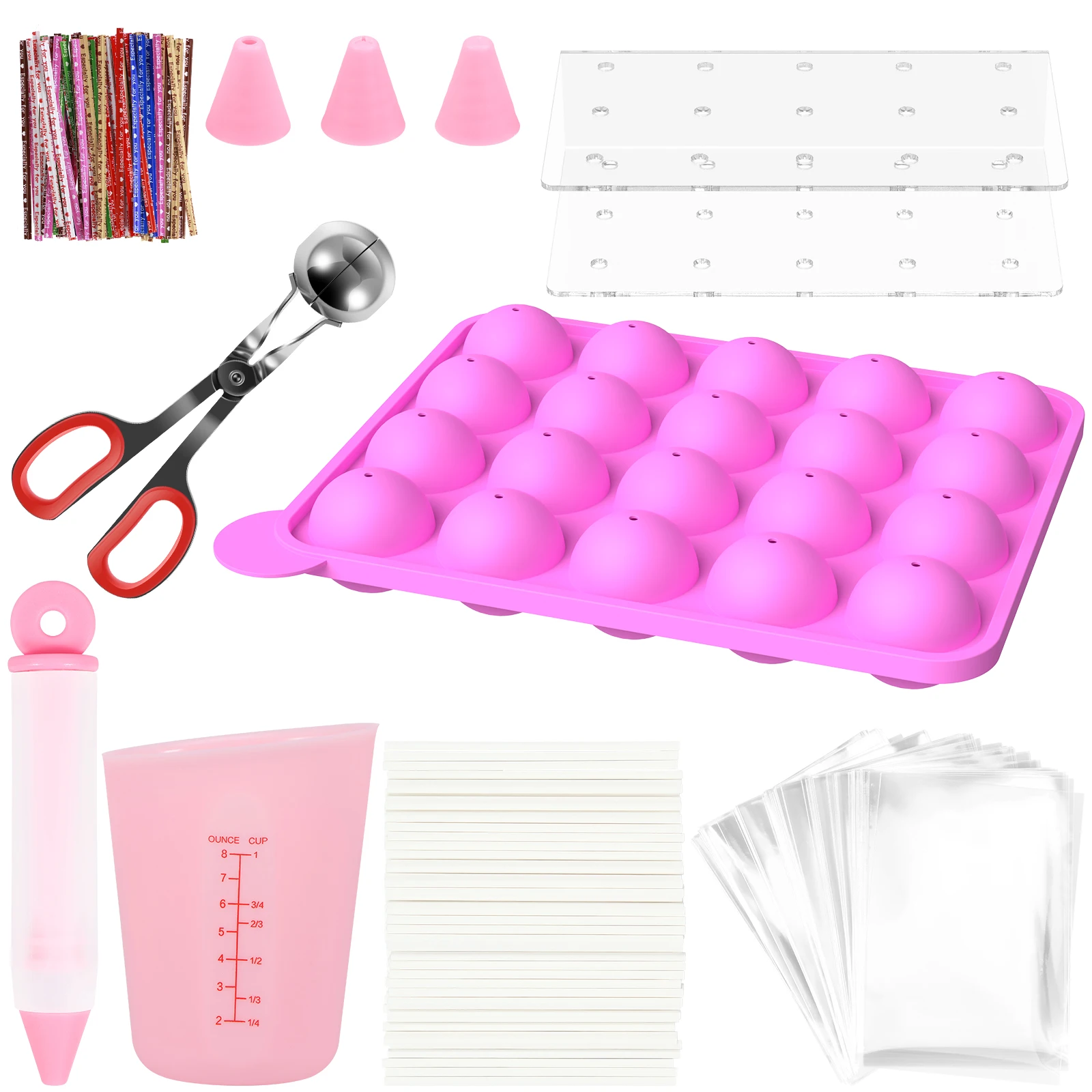 605Pcs Cake Pop Kit 20 Cavity Silicone Lollipop Molds Food Grade Cake Pop Mold Set with Lollipop Sticks 250ml Measuring Cup 4