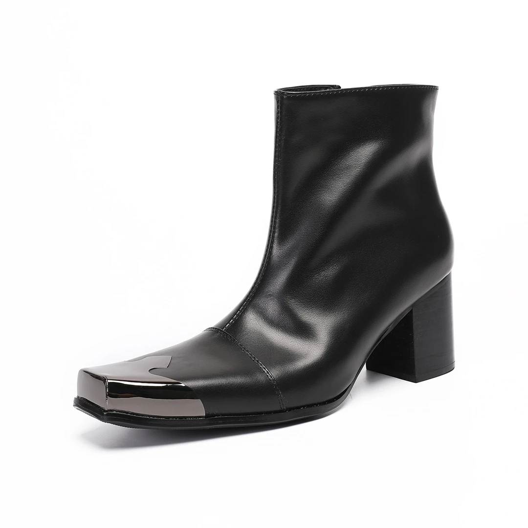 Black Men's Chelsea Boots, Metal Square-Toe Dress Boots, Solid-Color Genuine Leather, Handcrafted Fall Shoes - view 3