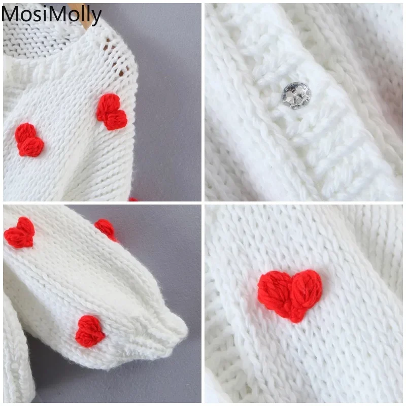 MosiMolly Handmade Heart Sweater Cardigan Women Rhinestone Button Women Cardigan Sweater Jumper Soft Warm Sweater Winter 2022