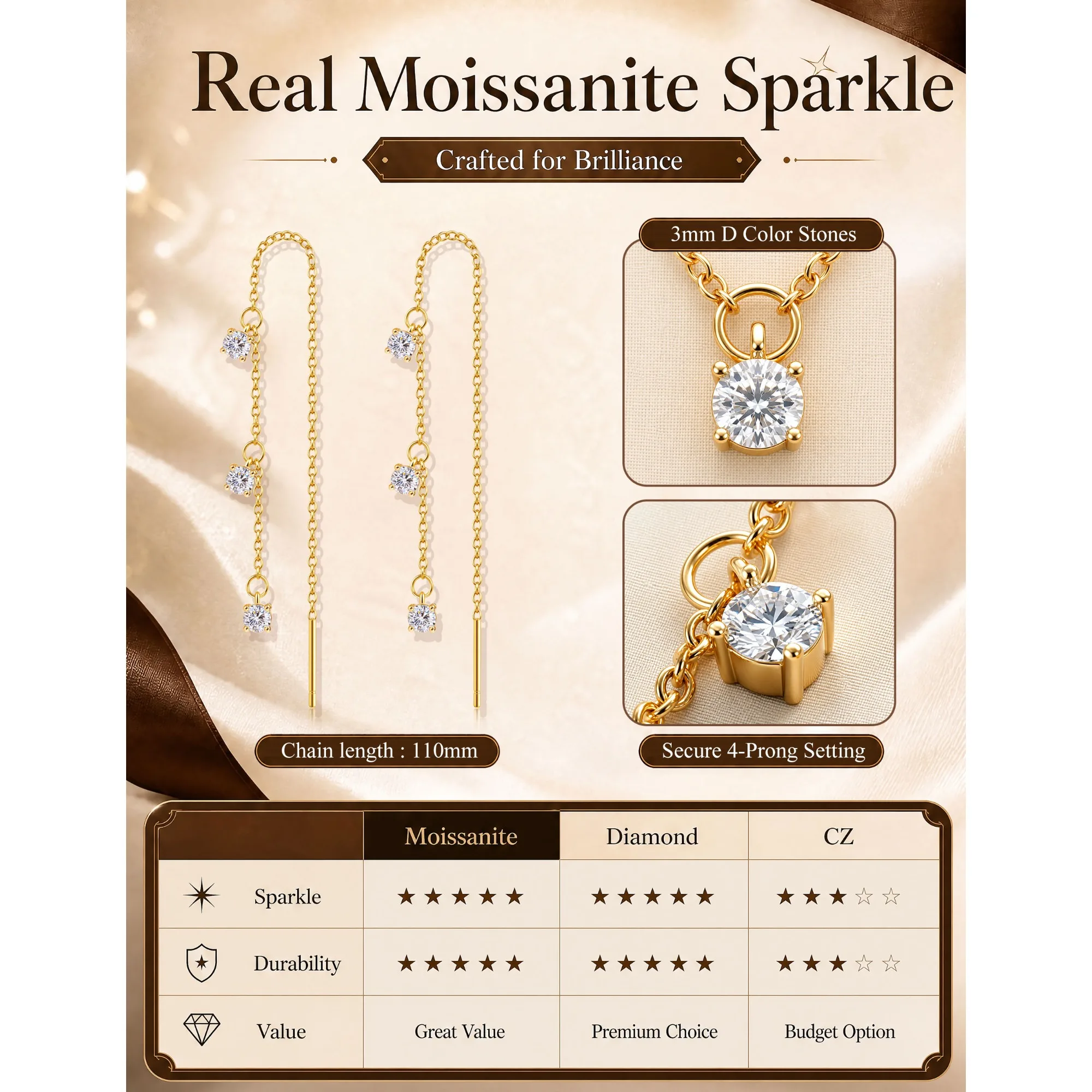 Bobisty 3mm Moissanite Threader Dangle Earrings for Women Long Chain Drop Tassel Earrings Gold Plated Earrings Jewelry Gift