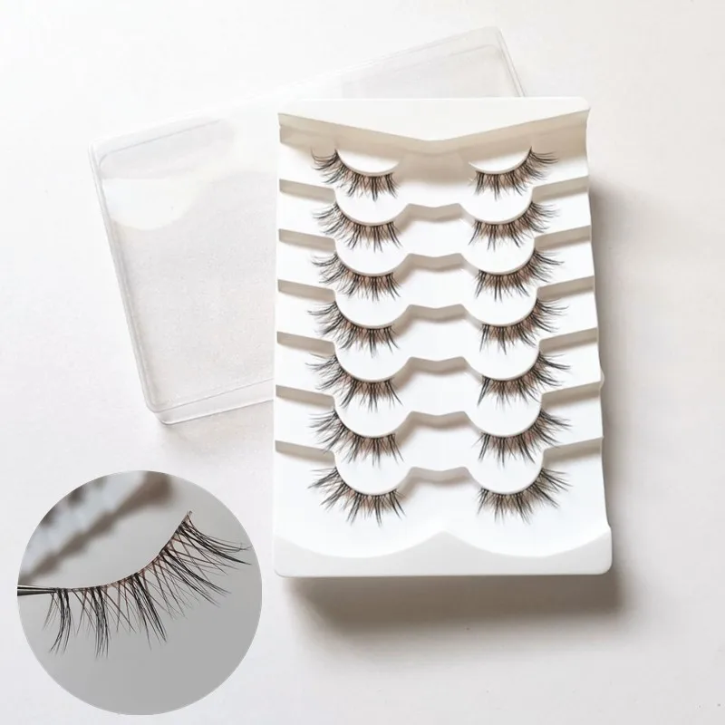 7 paia di ciglia finte in misto marrone nero naturale, fascia trasparente, ciglia sottili segmentate, stile Manga 3D, trucco per occhi di gatto, riutilizzabile