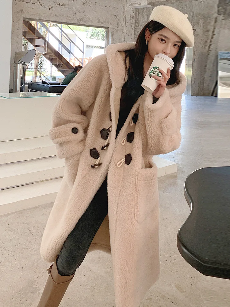 Winter Women Sheep Fur Overcoat Vintage Horn Button Loose Fit Long Real Wool Jacket Female Casual Hooded Oversize Wool Coats