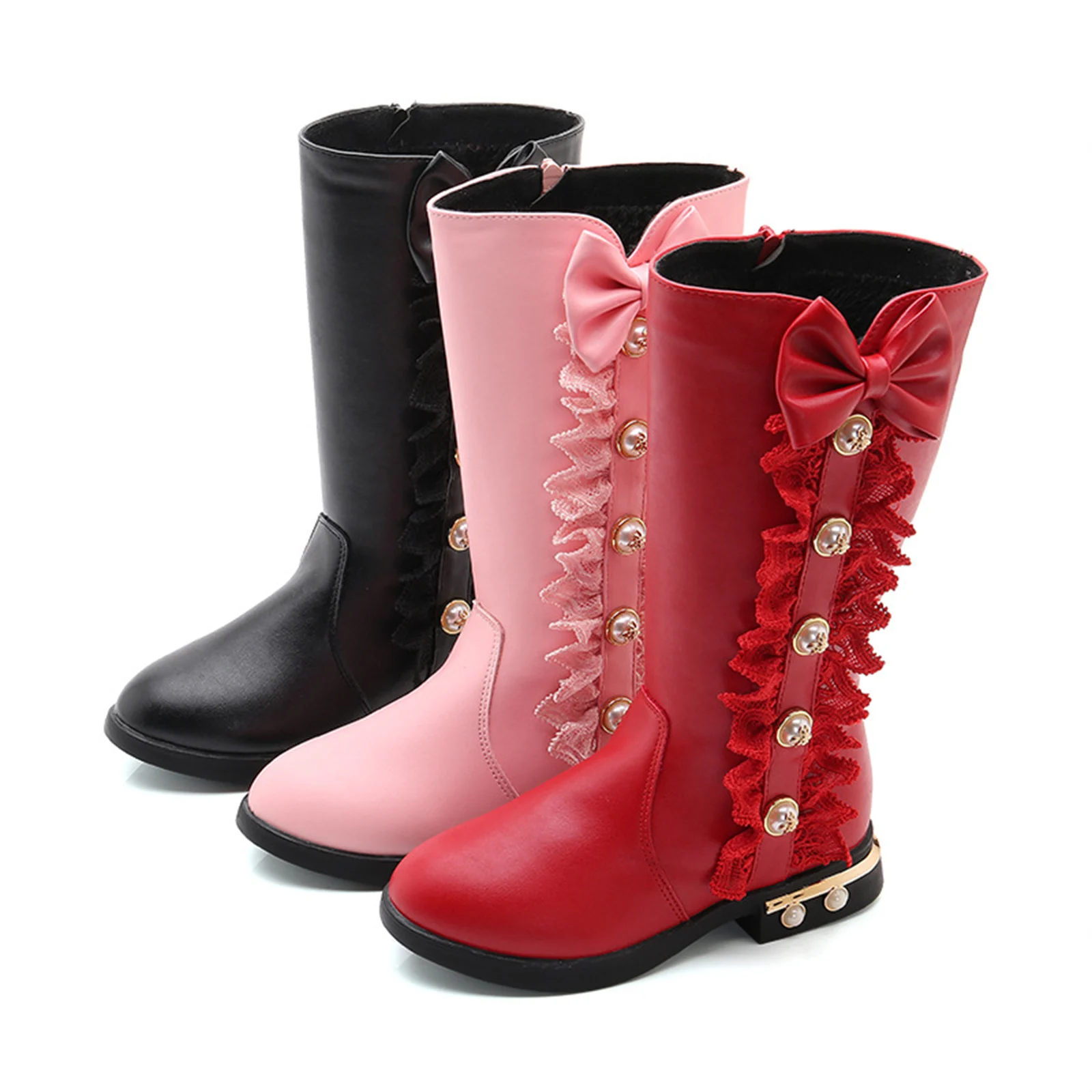 Fashion Boots Girls' Pink Knee-High Boots Ruffle-Pearl Bow Zip Anti-Slip Toddler Party Daily 2026 Trendy Cute Footwear Traje