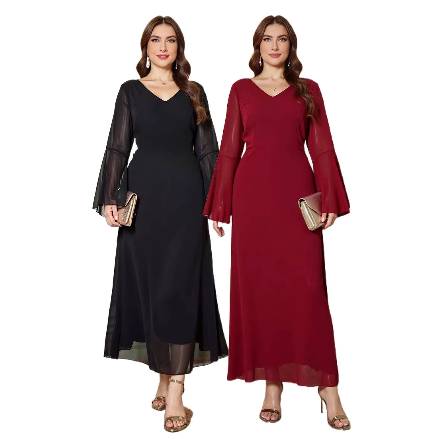 

Elegant V-neck Ruched Chiffon Long Party Plus Size Dress With Long Sleeves