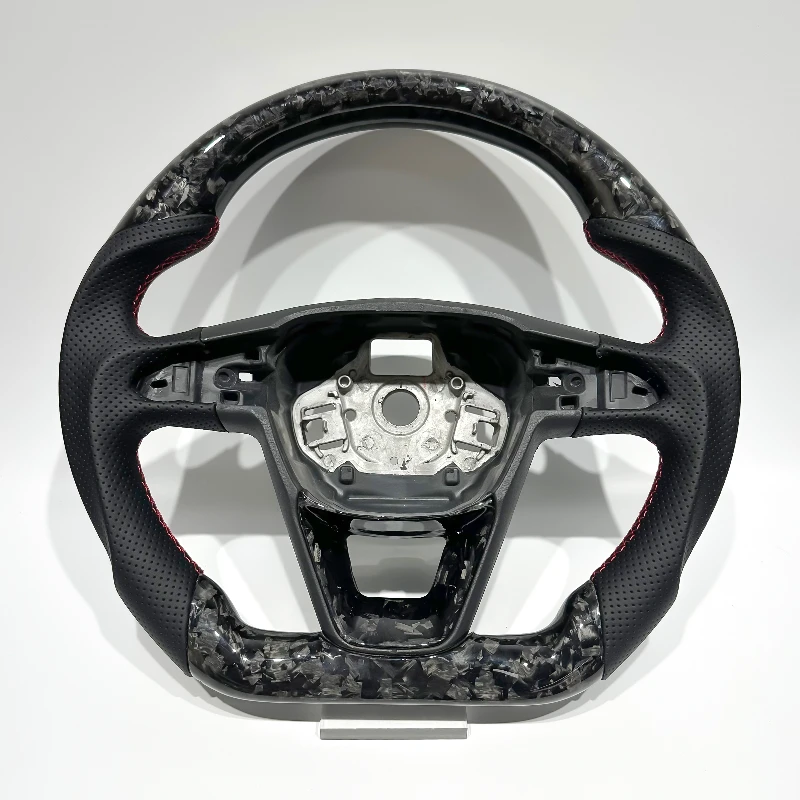 True Black Forged Carbon Fibre Black Perforated Leather Red Stitching Sports Steering Wheel Suitable for SEAT Without airbags