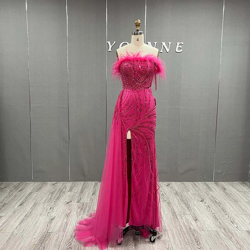 YQLNNE Fuchsia Feathers Slit Evening Dresses Removable Side Drape Tulle Beaded Strapless Formal Party Gown Mermaid