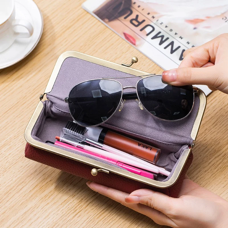 Nueva caja de almacenamiento de gafas de sol de cuero genuino, estuche de almacenamiento de gafas con cierre de beso, estuche organizador de gafas portátil para hombres y mujeres