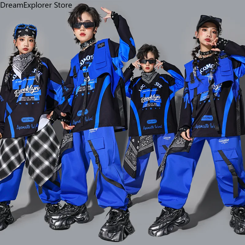 Boys Hip Hop Cool Blue Sweatshirt Vest Street Dance Cargo Pants Girls K-pop Jazz Costumes Children Clothes Sets Kids Streetwear