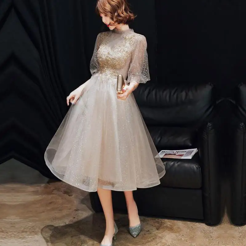 Customized Hight Neck Short Evening Dresses With Illusion Half Sleeve New Sequin Tulle Robe De Soiree Elegant A Line Vestidos