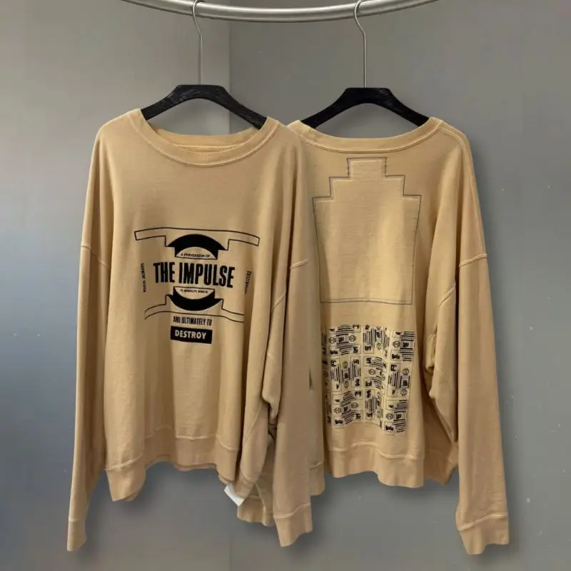 

Khaki Vintage Washed Batik Heavy Embroidery Letter CAVEMPT Sweatshirts Cotton Round Neck Pullover Loose Men Women CE Hoody