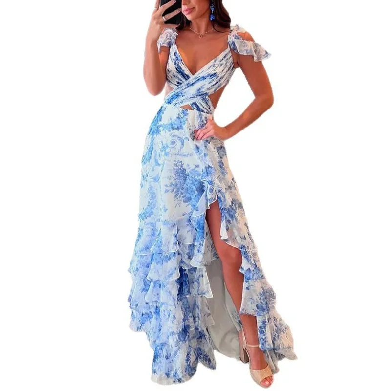 فستان Lunaria مخصص بطبعة زهور وفتحة رقبة على شكل V للحفلات الراقصة باللونين الأبيض والأزرق وكشكشة متدرجة فساتين سهرة على شكل حرف a