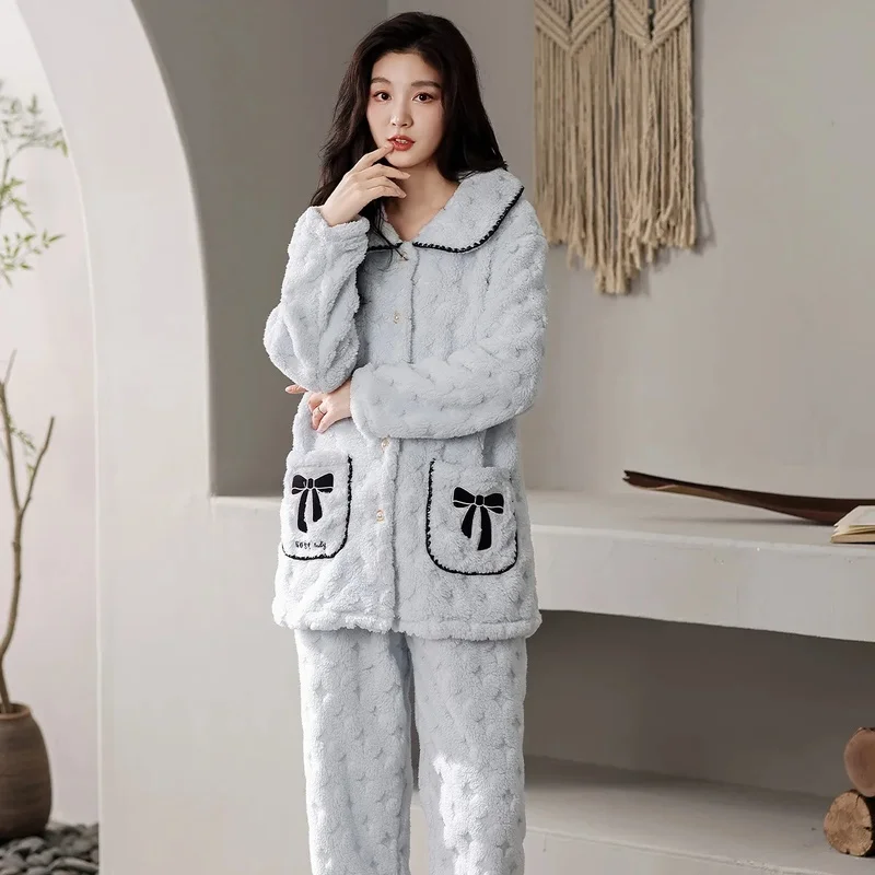 Women's Plush Pajama Set Autumn Winter Soft Long Sleeve Bow Detail Cozy Loungewear