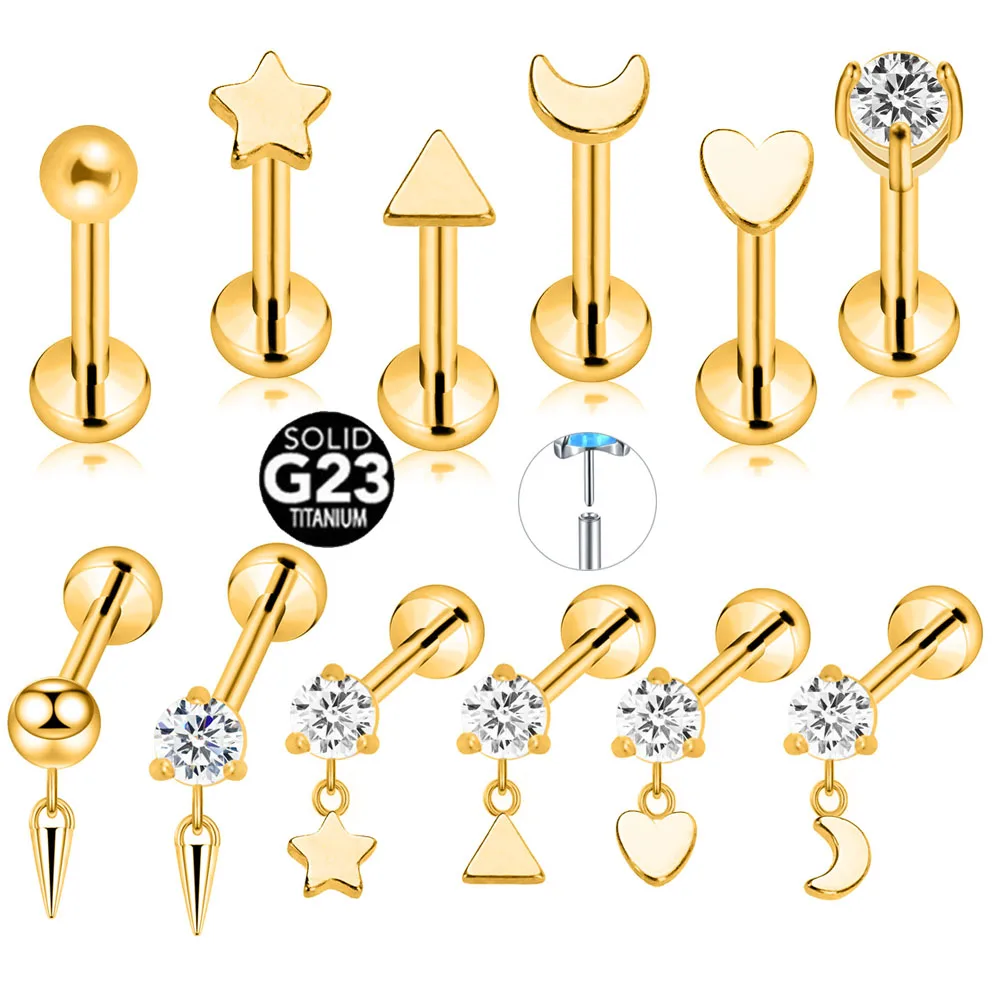 ASTM F136 G23 التيتانيوم ستار القلب مثلث القمر قطرة الخيوط ثقب دبوس دفع في Labret Daith محارة القرط 16 جرام 18 جرام 20 جرام