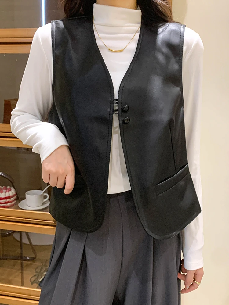 เสื้อกั๊กหนัง PU สไตล์วินเทจสำหรับผู้หญิง พร้อมแผ่นเสริมไหล่  แฟชั่นฤดูใบไม้ร่วงและฤดูหนาว เหมาะสำหรับใส่ทำงาน สี