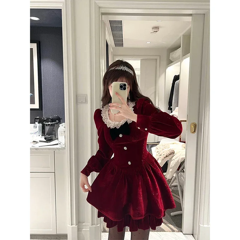 

Vintage Red Mini Dress Women Y2K Bow Lace Patchwork A Line Dresses Christmas Party Sweet Korean Square Collar Vestidos New