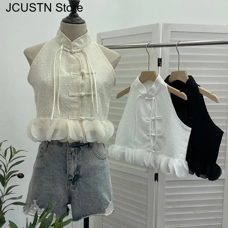 New Chinese Style Jacquard Button Down Qipao Top Women Sexy Halter Tees Fashion Ruffles Hem Cheongsam Shirt Sexy Sleeveless Vest
