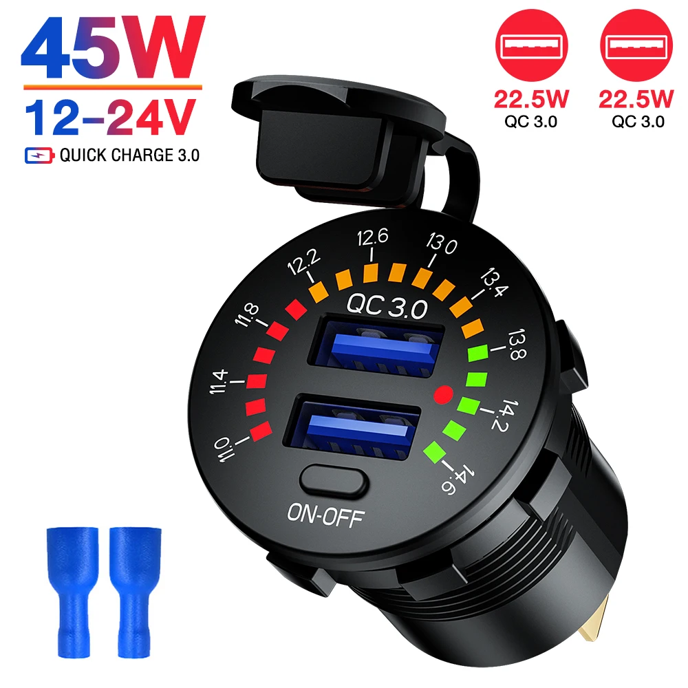 45W/68W Dual USB Charger Socket with LED Voltmeter ON OFF Switch QC3.0 PC Type C USB Outlet Fast Charger for 12V/24V Car