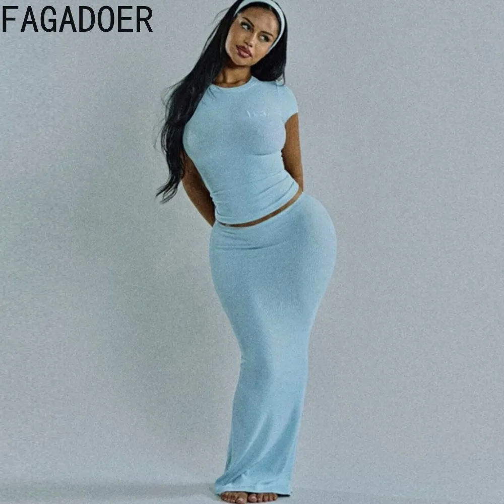 FAGADOER Fashion Solid Embroidery Skinny Skirts Two Piece Sets Women Round Neck Short Sleeve Slim Crop Top + Skirts Outfits 2024