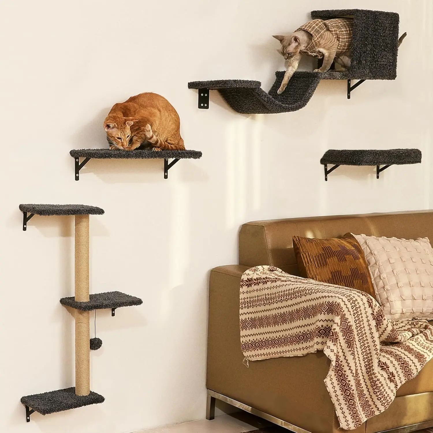 

4-in-1 Cat Wall Shelves Set, Stable Wooden Climbing Furniture with Scratching Post for 16-Inch Drywall - Gray