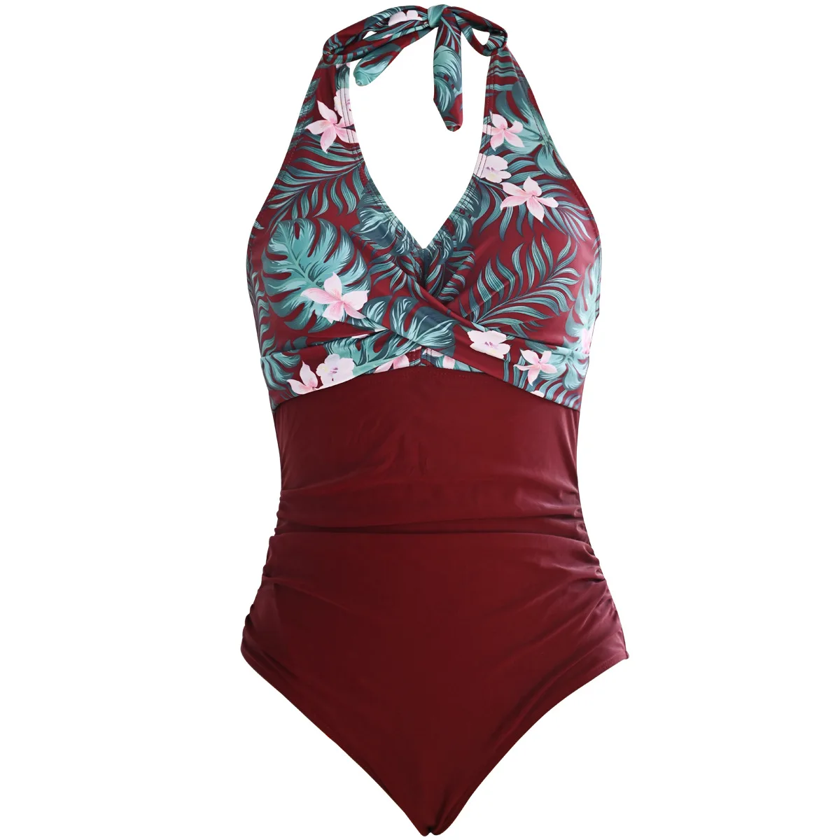 Women's Pleated One Piece Swimsuit Sexy V-Neck Tummy Control Bathing Suit Vacation Bodysuit Beachwear