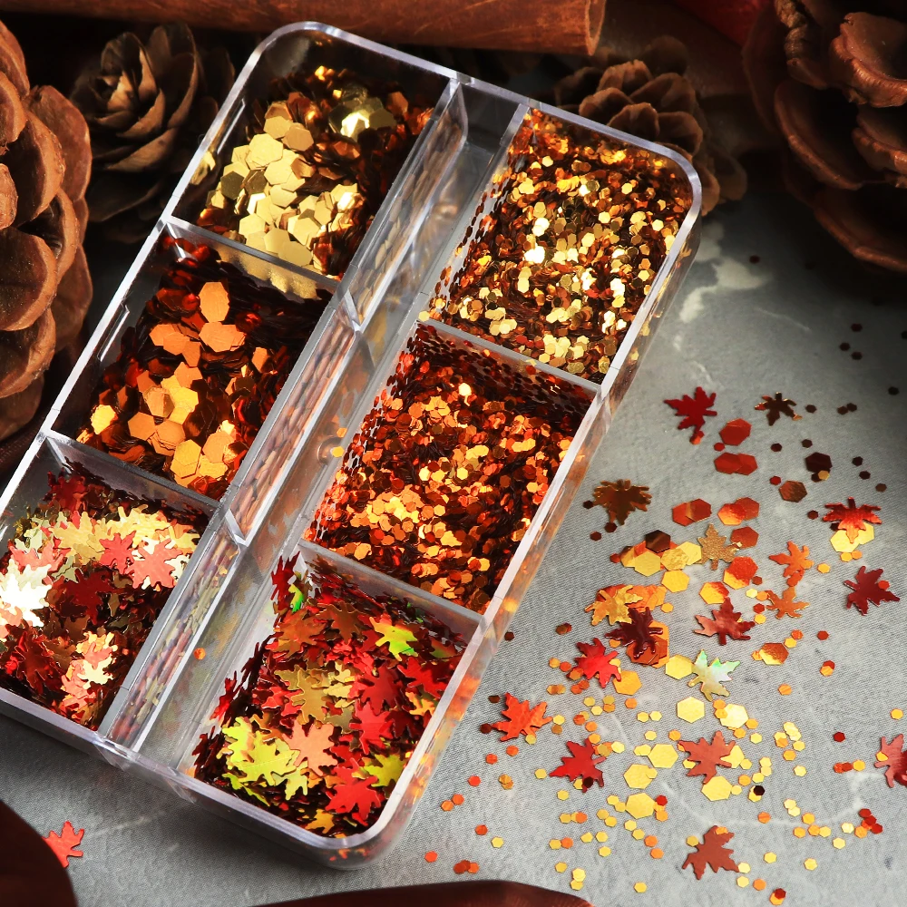 Autumn Glitter Sequins Epoxy Resin Mold Filling Mixed Maple Leaf Hexagons Paillettes Fall Decoration DIY Keychains Crafts Making